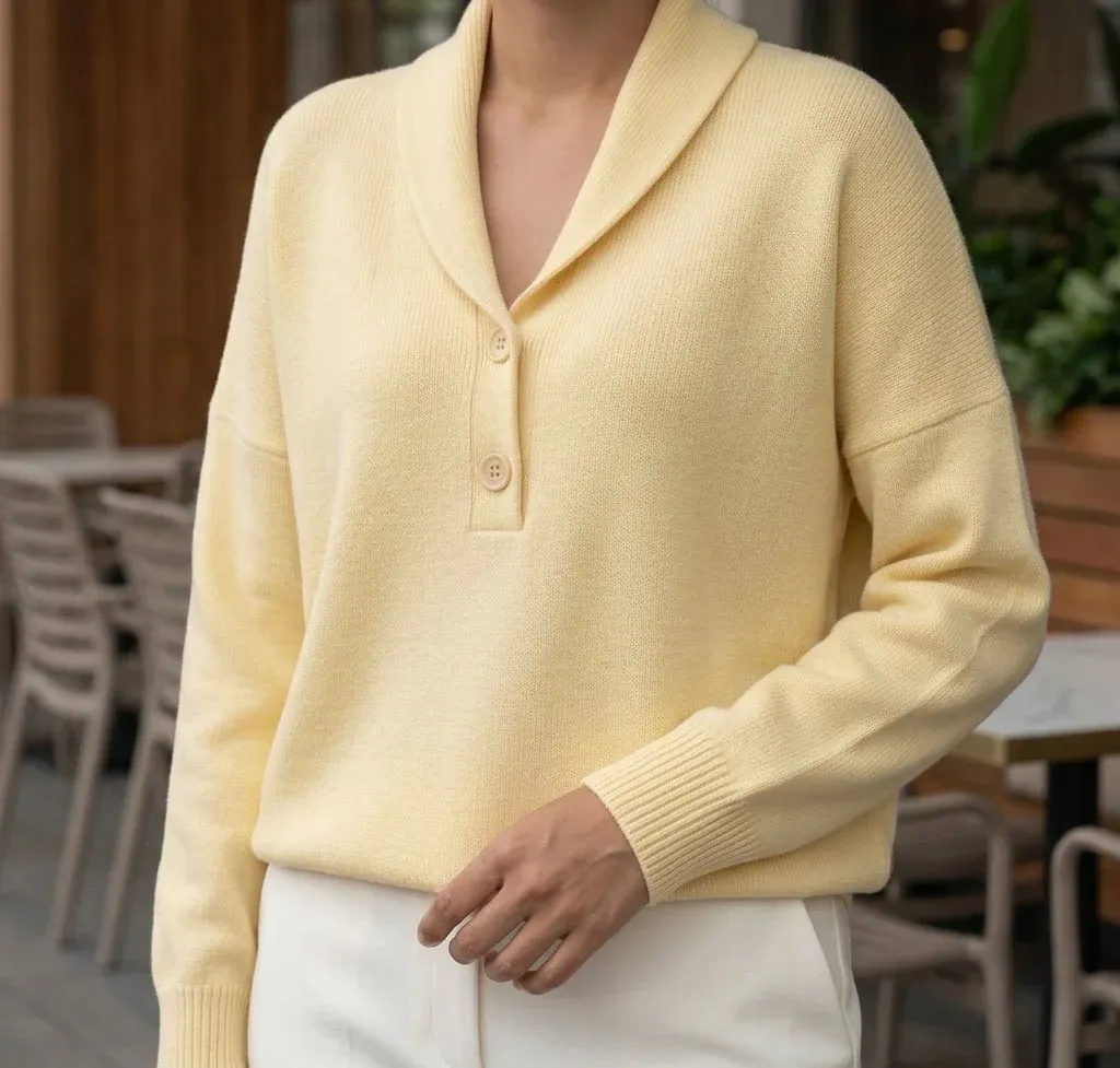 Camille Shawl Sweater — Yellow construction detail