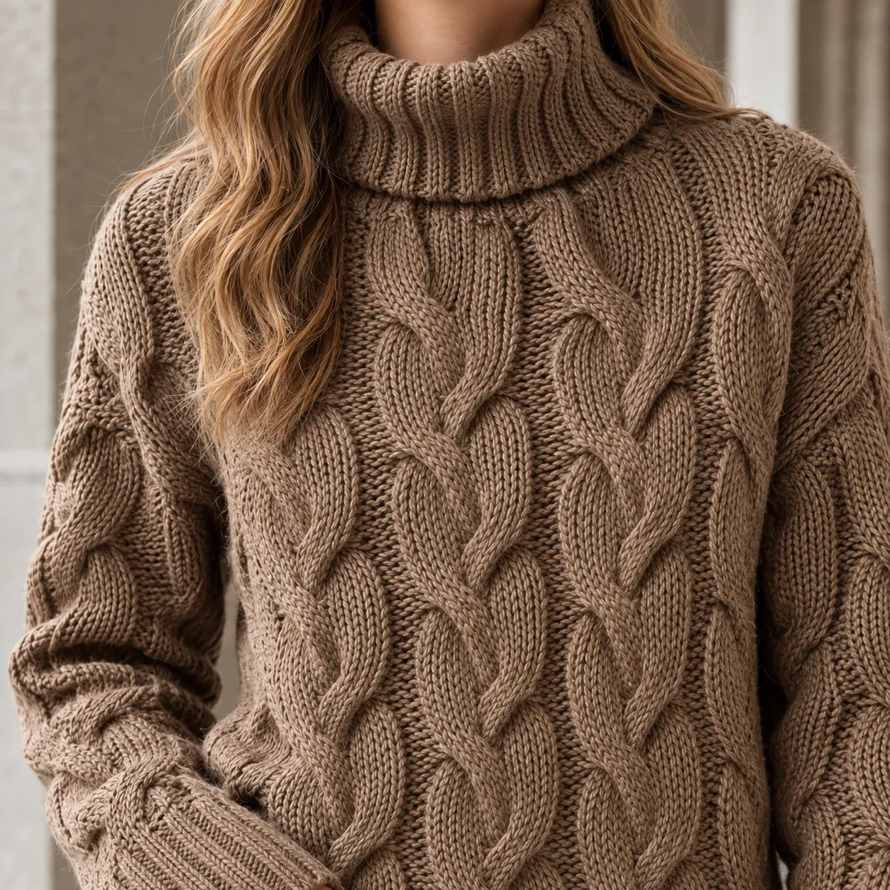 Hildegarde Cable Turtleneck — Dark Brown construction detail