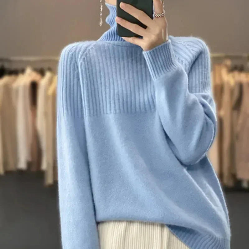 Aria Yoke Turtleneck — Blue worn view