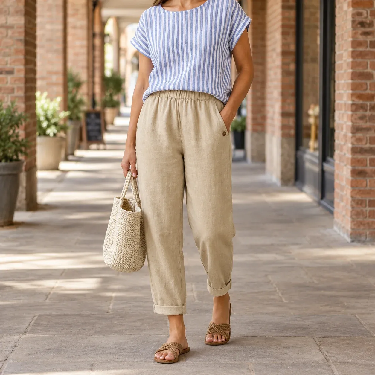 Alba Relaxed Trousers — Beige worn view
