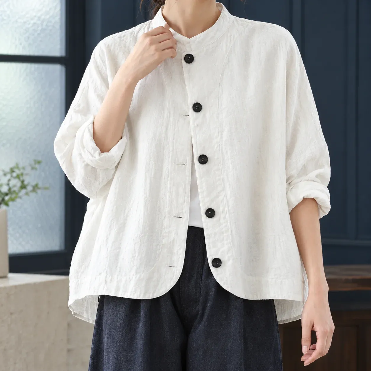 Stella Button Jacket — White worn view