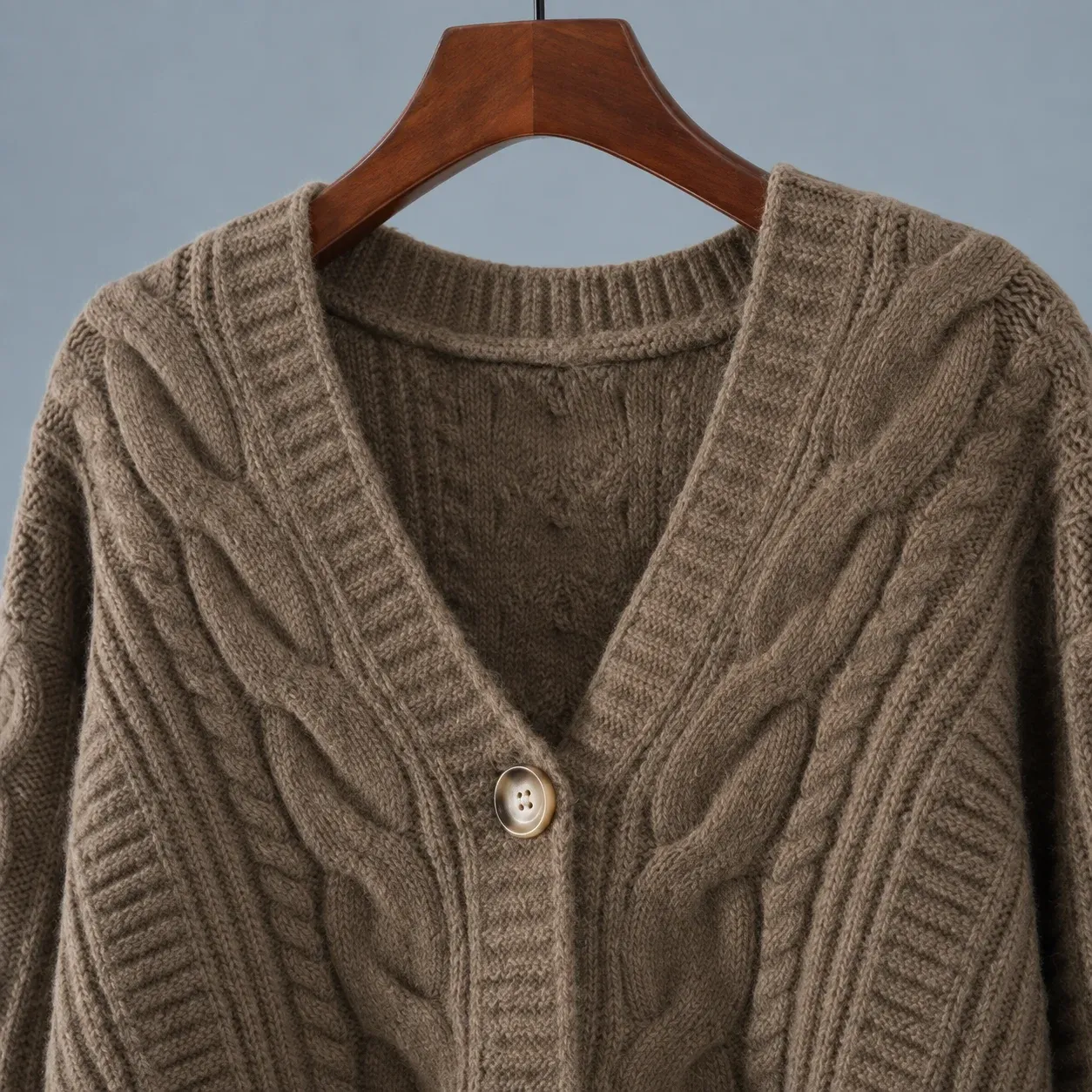 Morwenna Cable Cardigan — Khaki construction detail