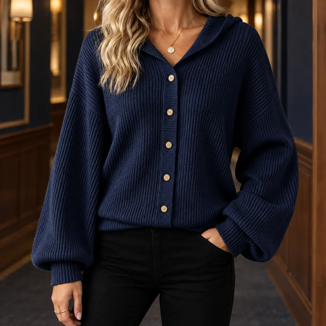 Aiglon Hooded Cardigan — Navy Blue worn view