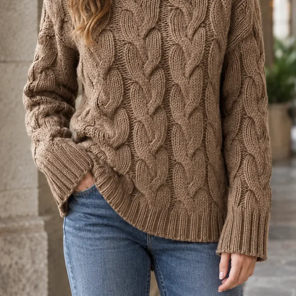 Hildegarde Cable Turtleneck — Dark Brown lower garment detail