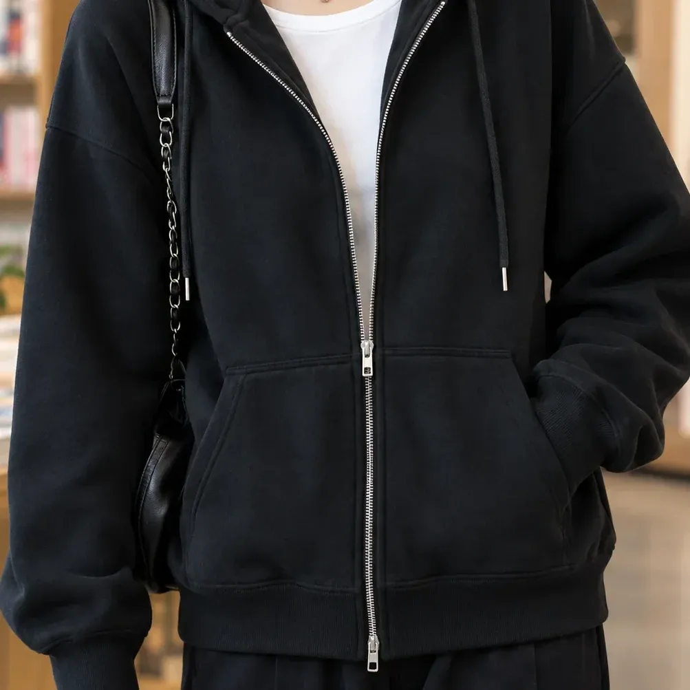 Bettina Zip Hoodie — Black lower garment detail