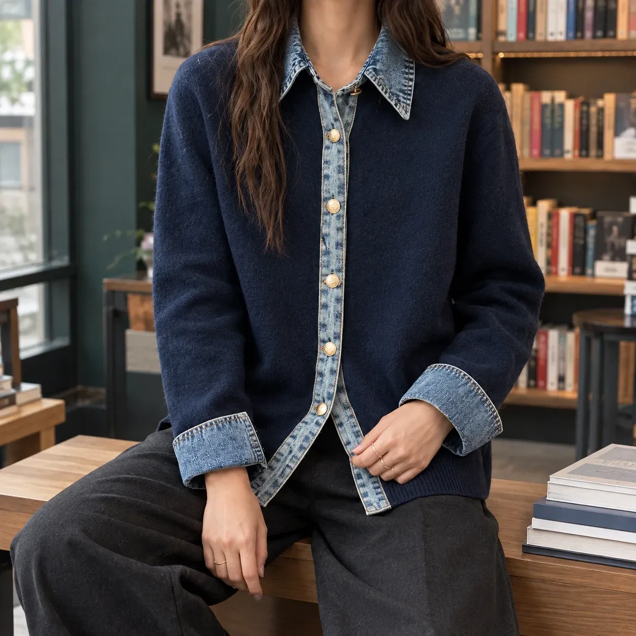 Azalea Trim Cardigan — Navy Blue worn view