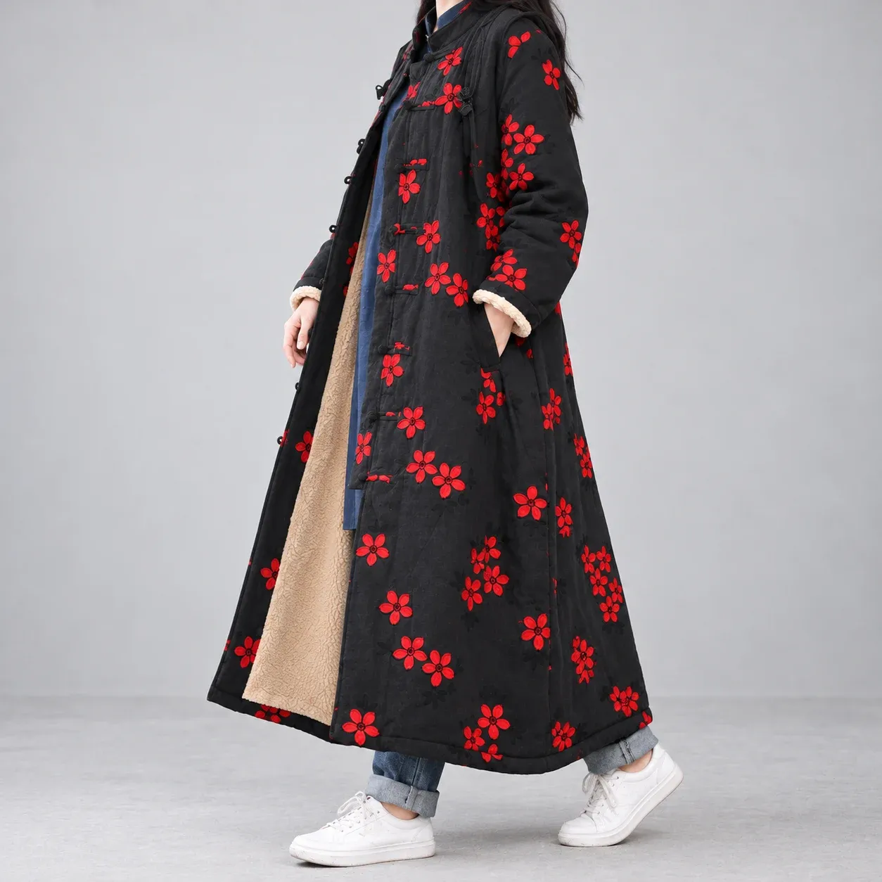 Faye Floral Long Coat, source-supported side or rear worn fit