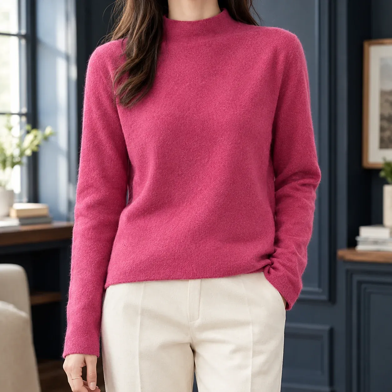 Adriana Mockneck Sweater — Raspberry Pink worn view