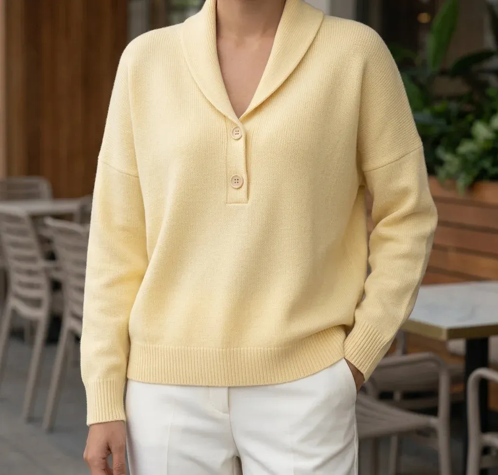 Camille Shawl Sweater — Yellow worn view