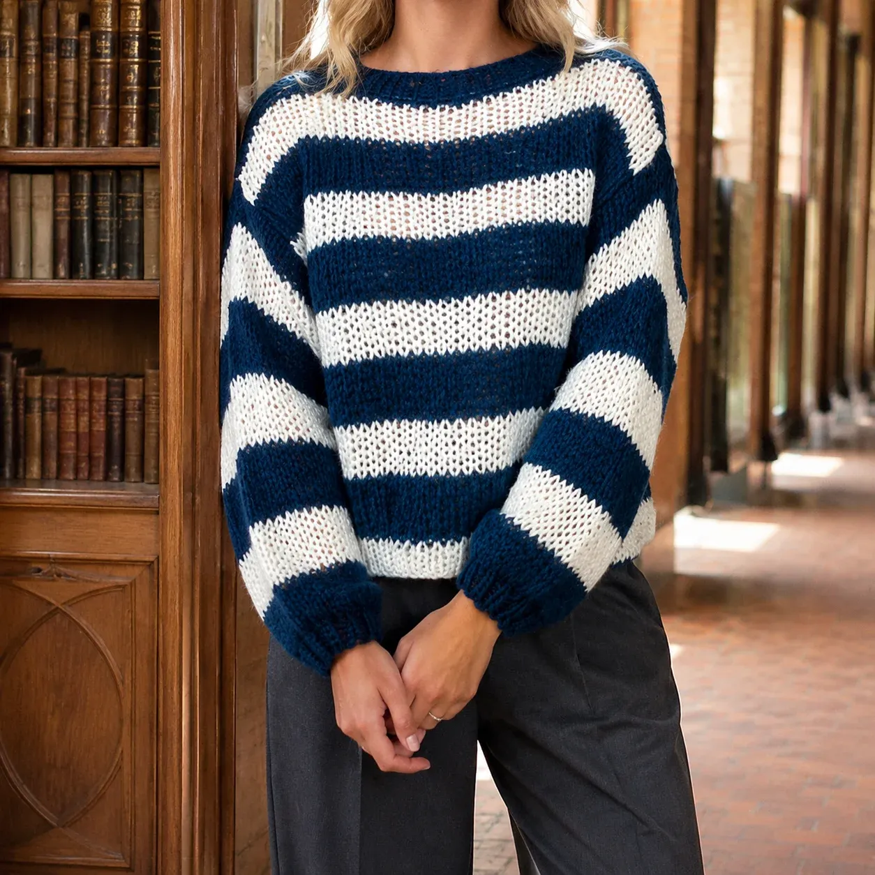 Adele Striped Sweater — Blue worn view