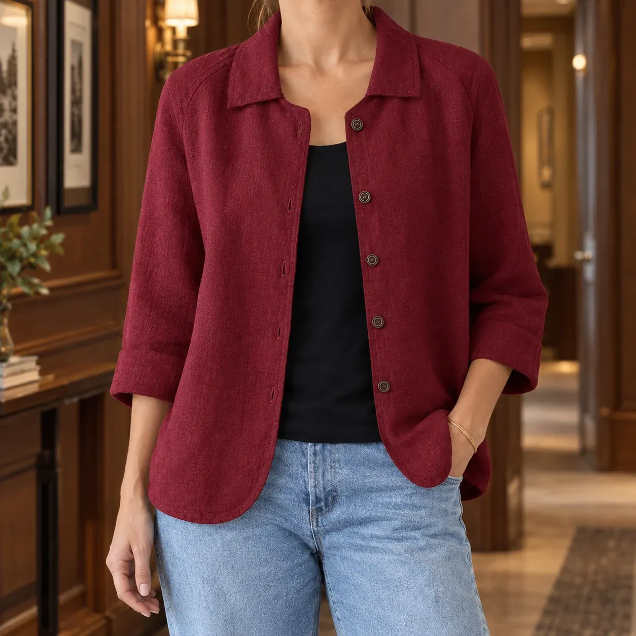 Mabel Button Jacket — Red worn view