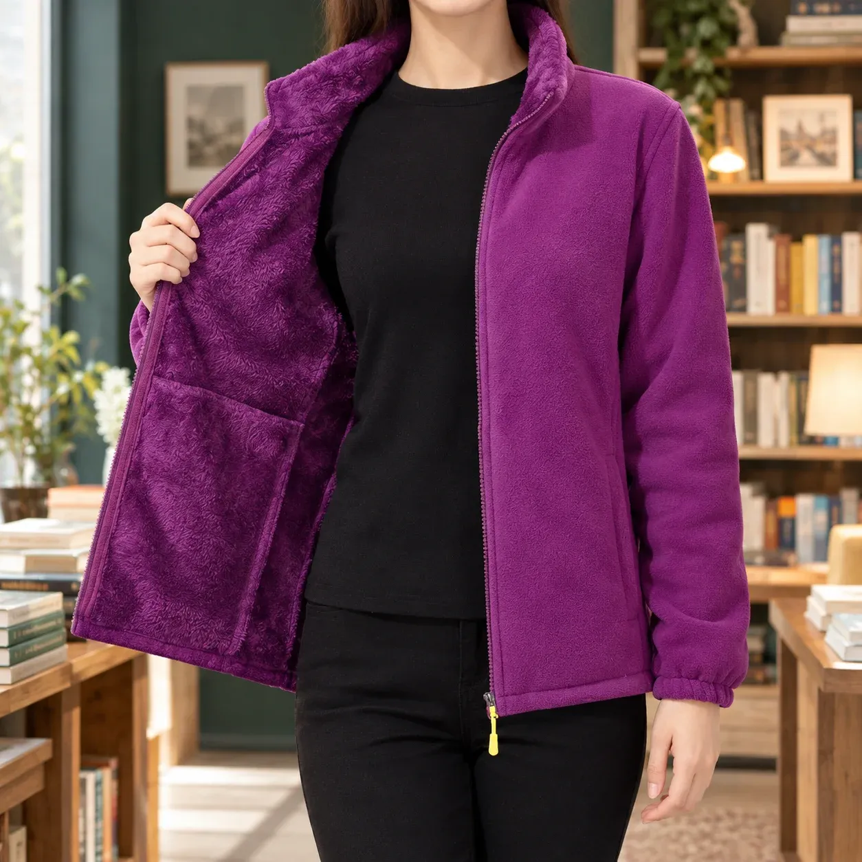 Meredith Fleece Jacket — Dark Purple Coral worn view