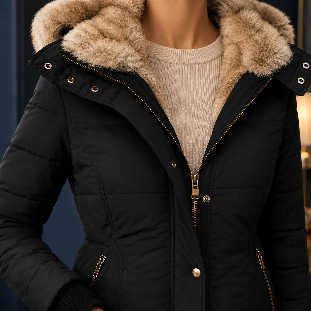 Renata Hooded Puffer — Black construction detail