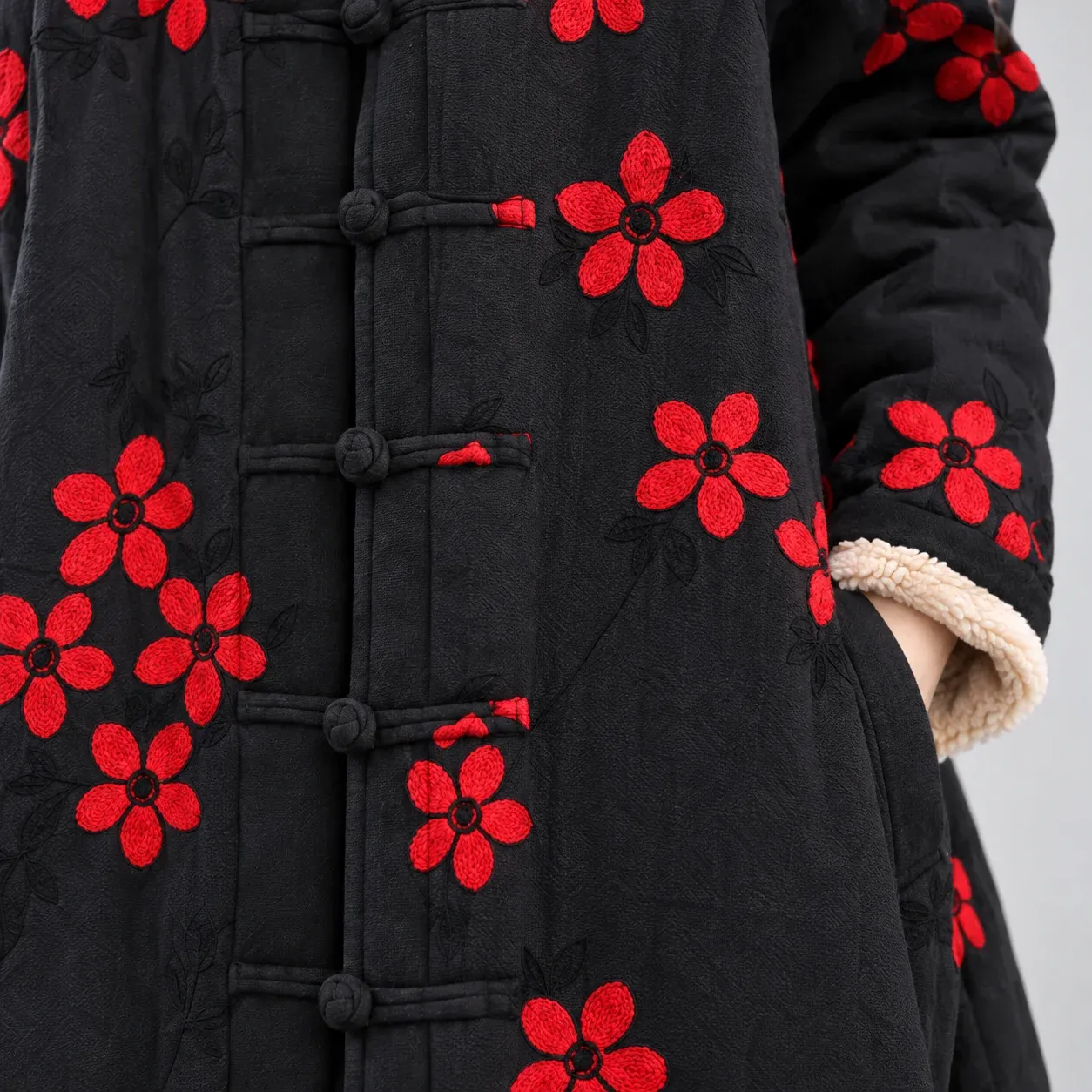 Faye Floral Long Coat, source-supported construction detail