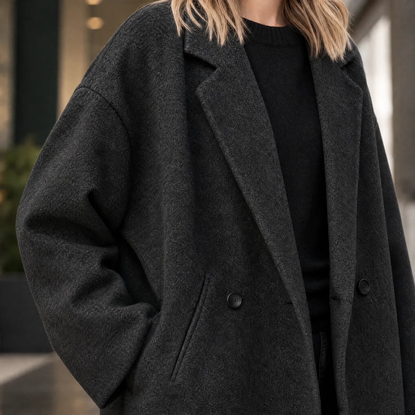 Daphne Relaxed Coat — Black construction detail