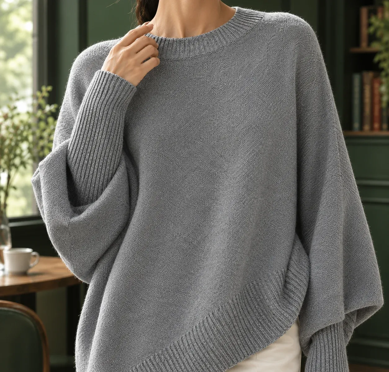 Audrina Draped Sweater — Light Gray construction detail