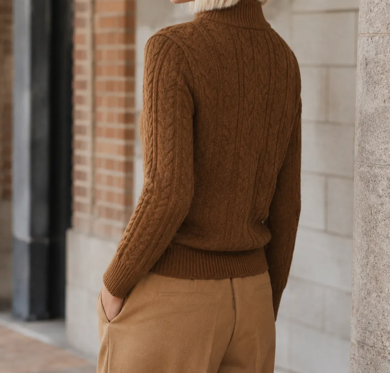 Anouk Cable Sweater — Brown lower garment detail