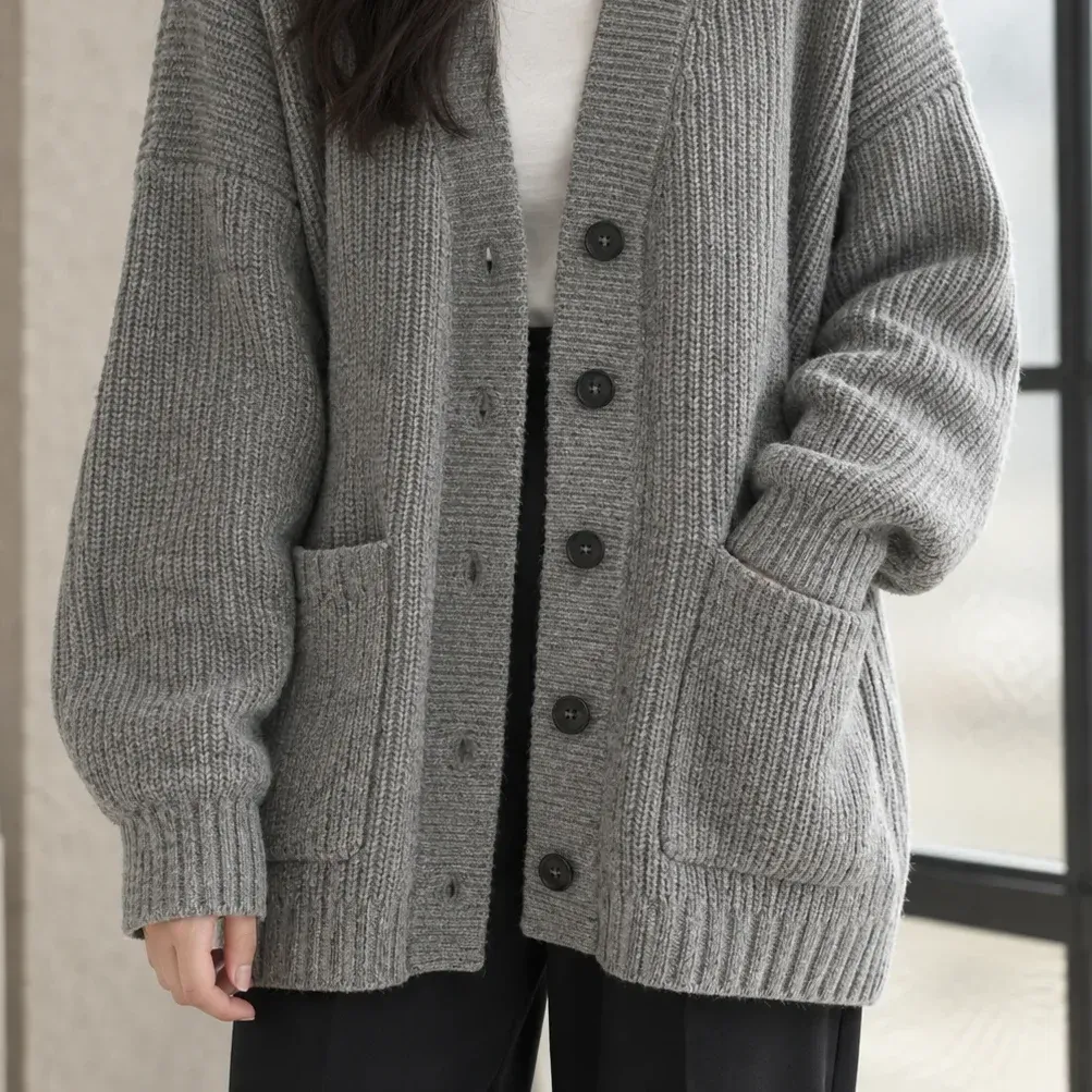 Lauren Rib Cardigan — Gray garment detail