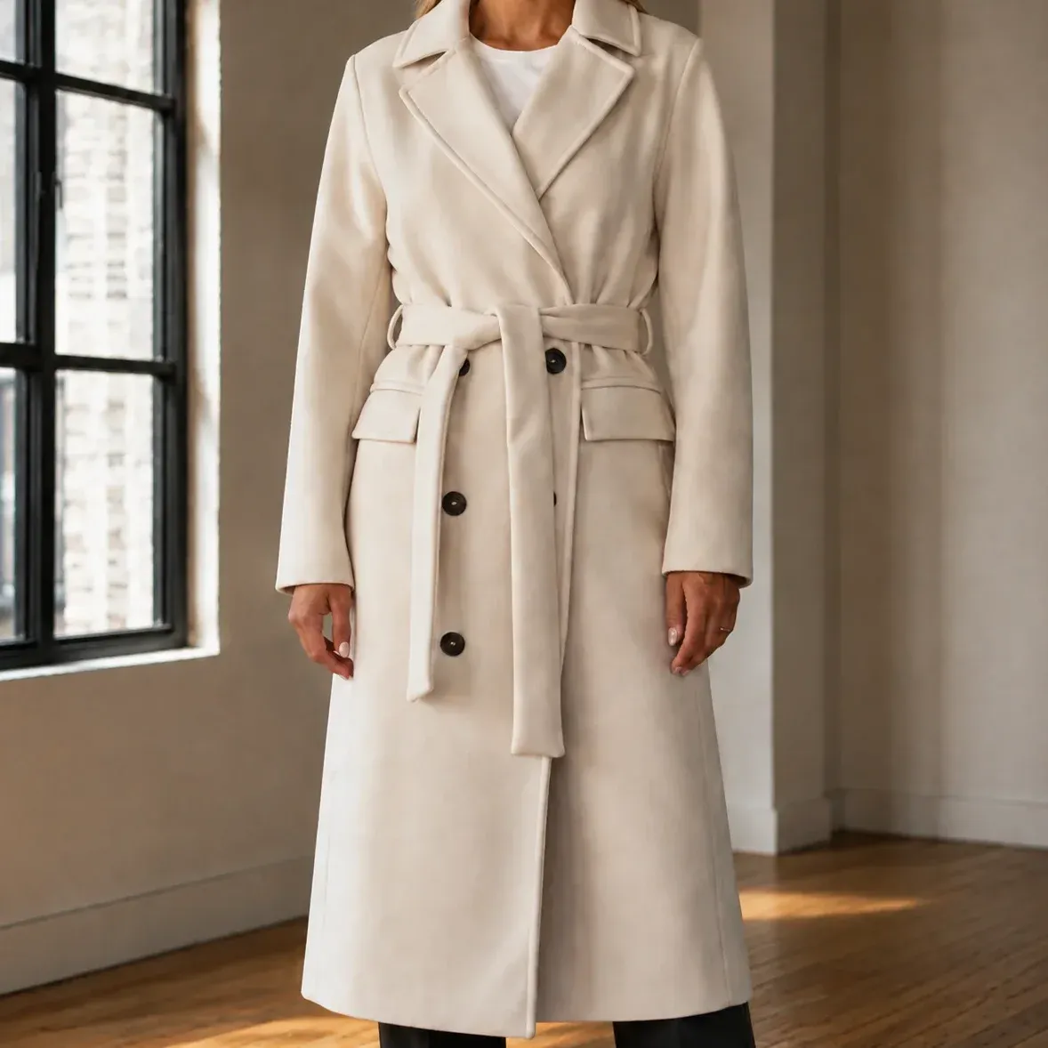 Natalia Belted Coat — Beige cropped fit view