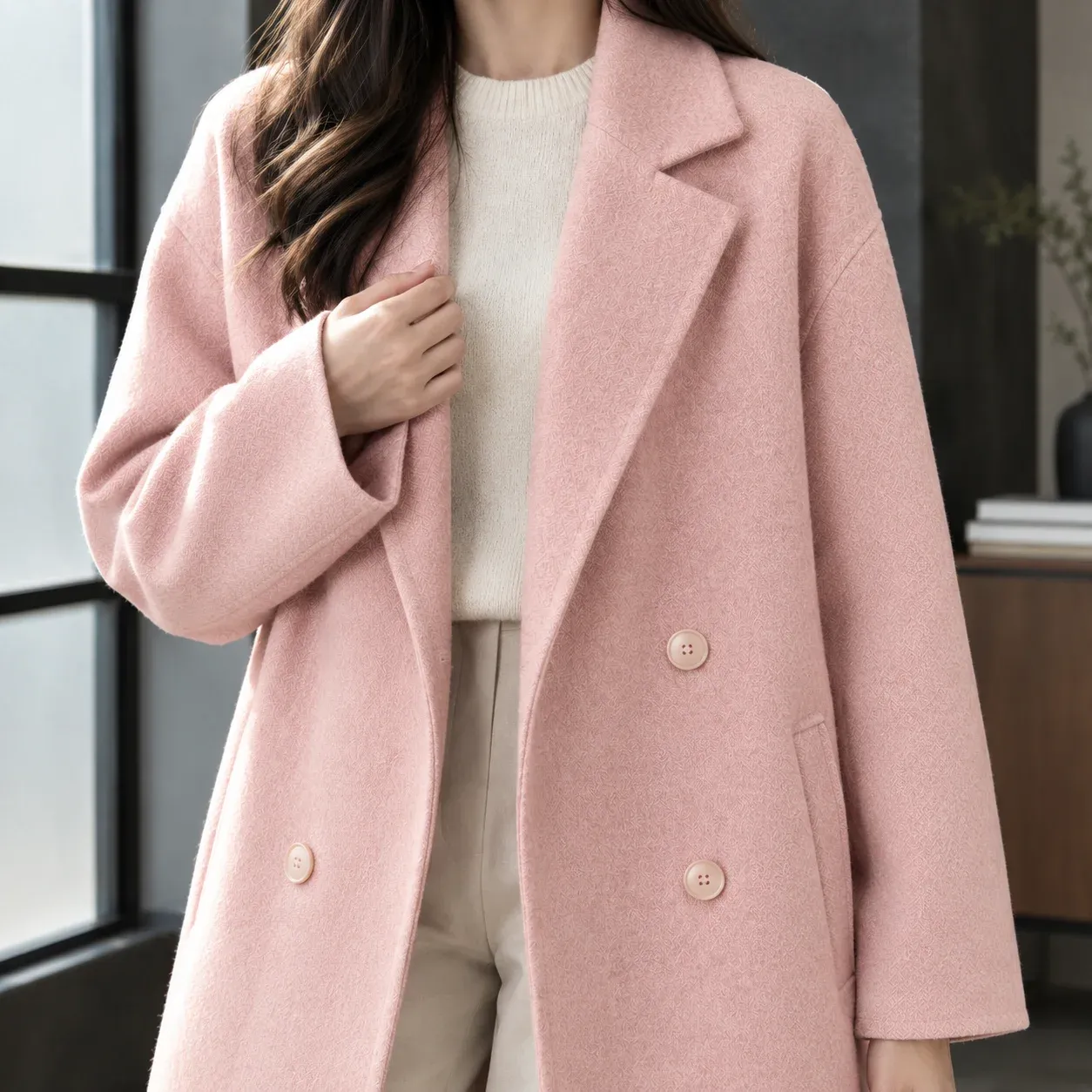 Delia Double-Breasted Coat — Pink construction detail