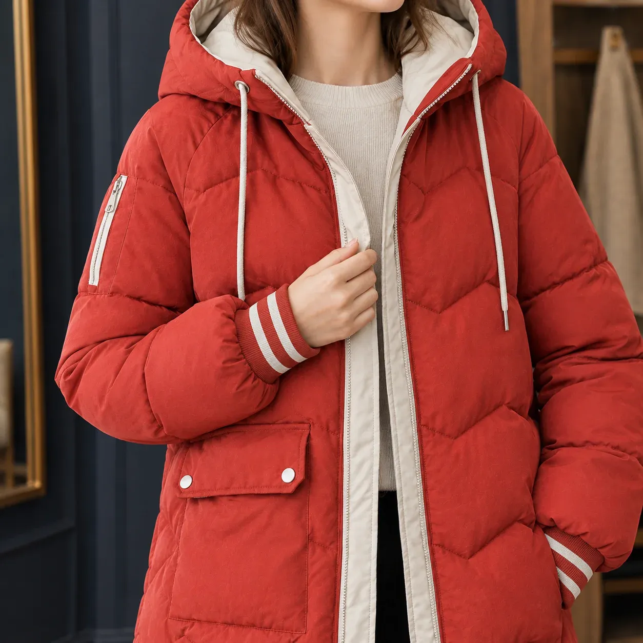 Mariella Hooded Coat — Red construction detail