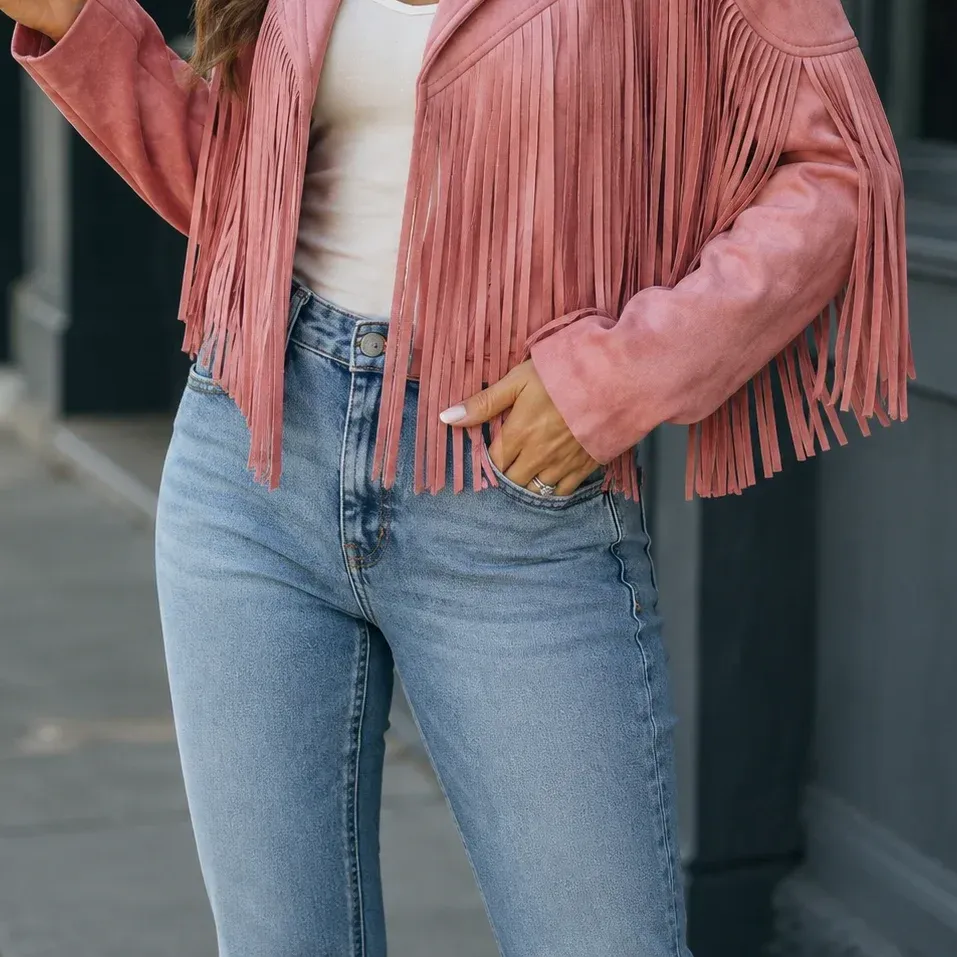 Giselle Fringe Jacket — Pink garment detail