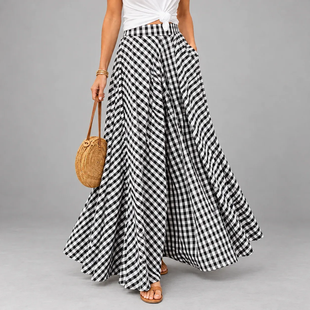 Esme Check Maxi Skirt, front worn fit