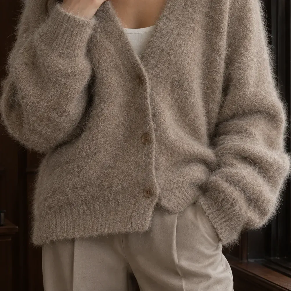 Eliza Brushed Cardigan — Khaki lower garment detail