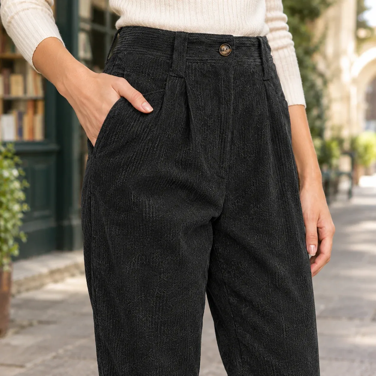 Alba Corduroy Trousers — Black construction detail