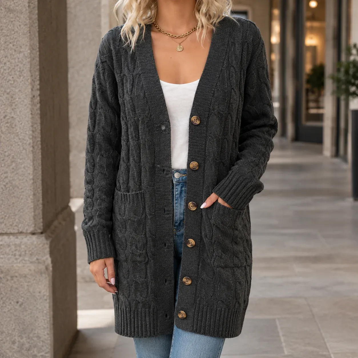 Keira Cable Cardigan — Black worn view