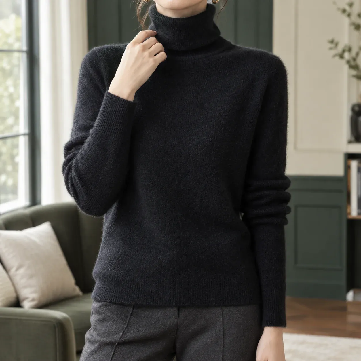 Alma Turtleneck Sweater — Black worn view