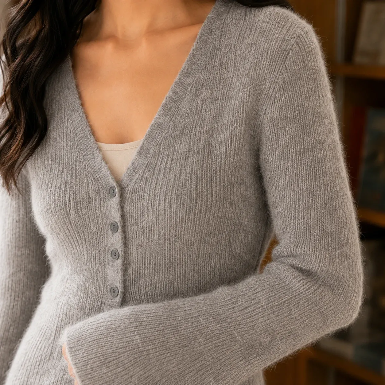 Alba Long Cardigan — Gray construction detail