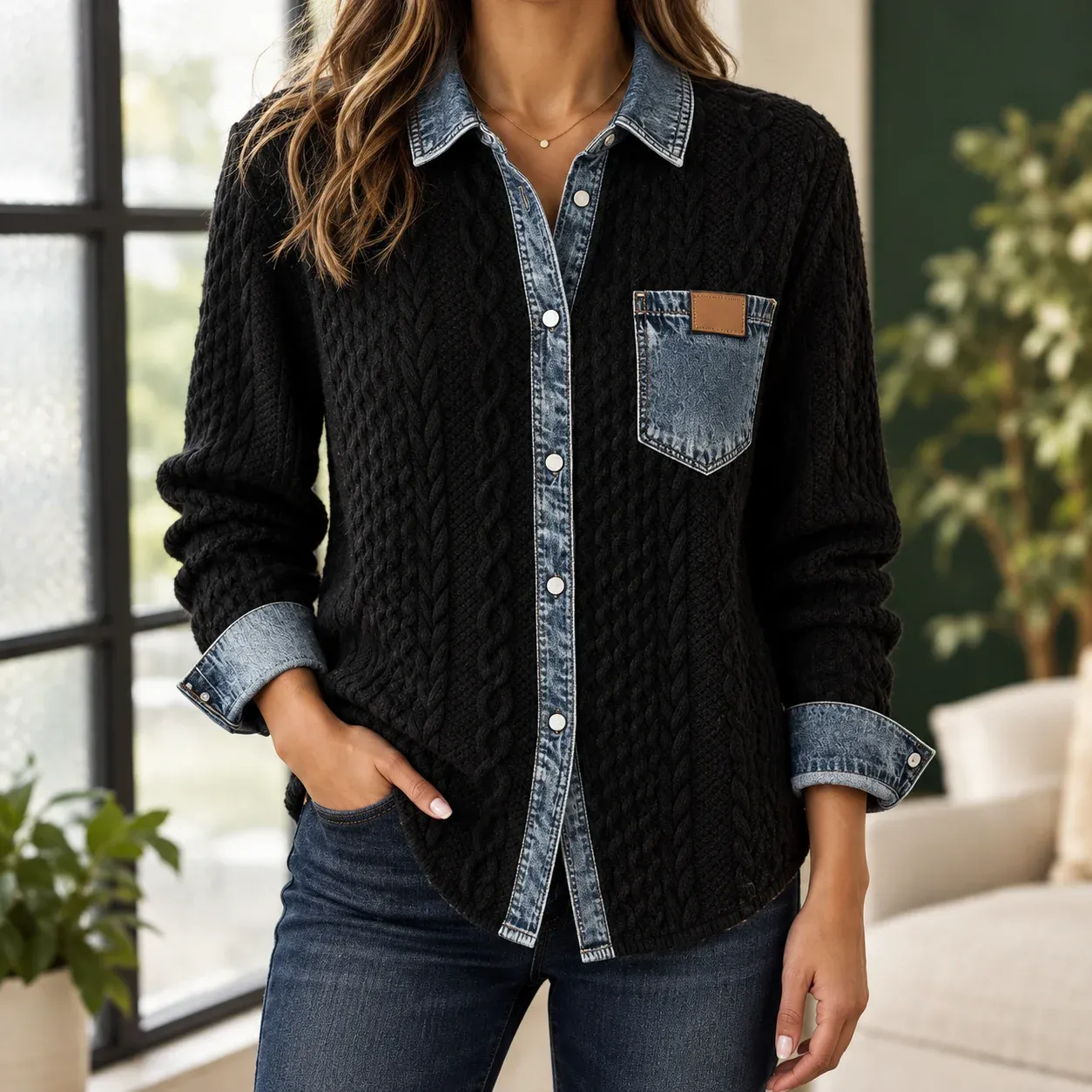 Adrienne Cable Overshirt — Black worn view