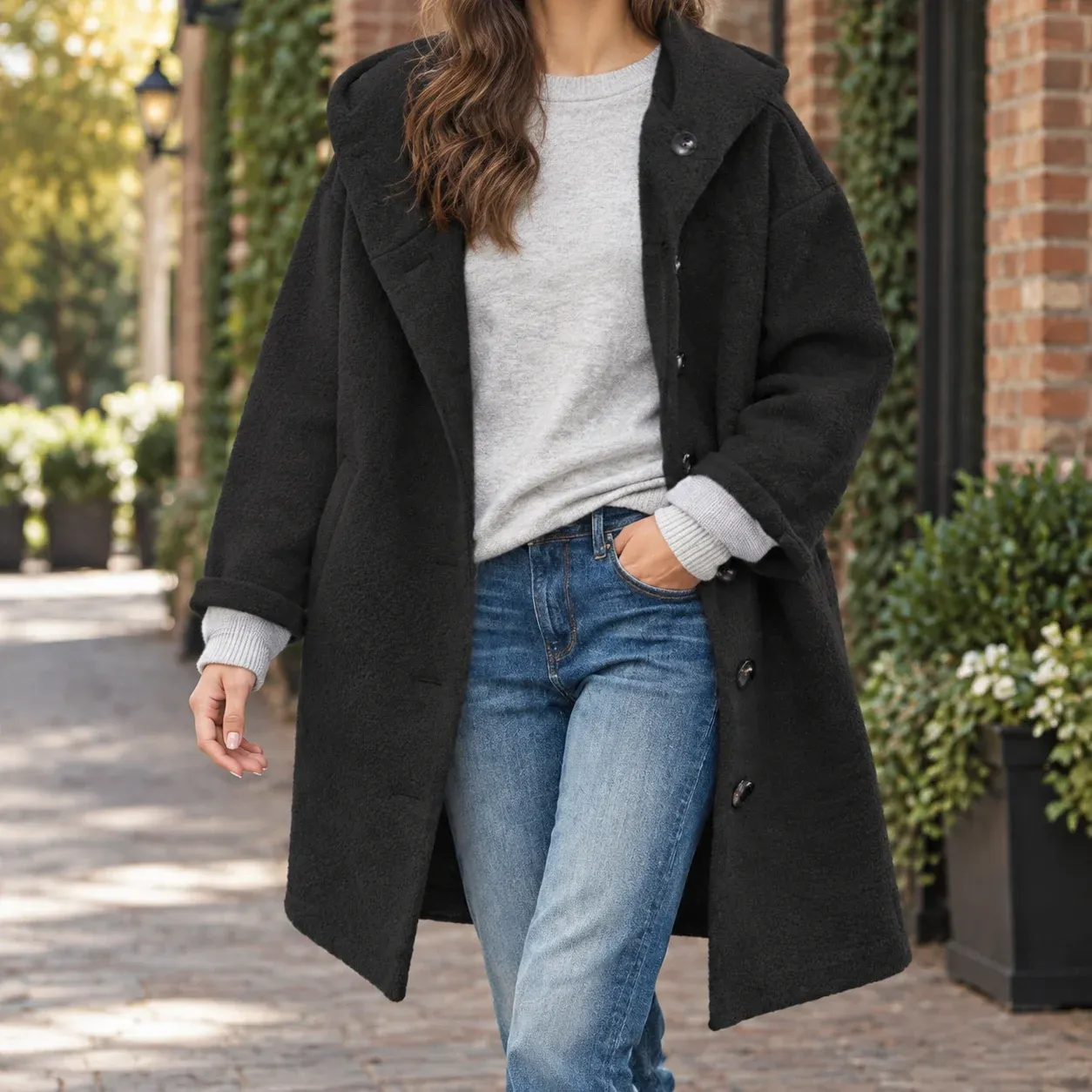 Anouska Button Coat — Black worn view