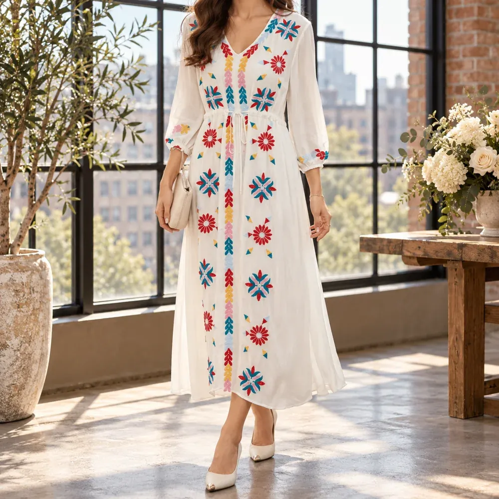 Annalise Embroidered Midi Dress — front worn view