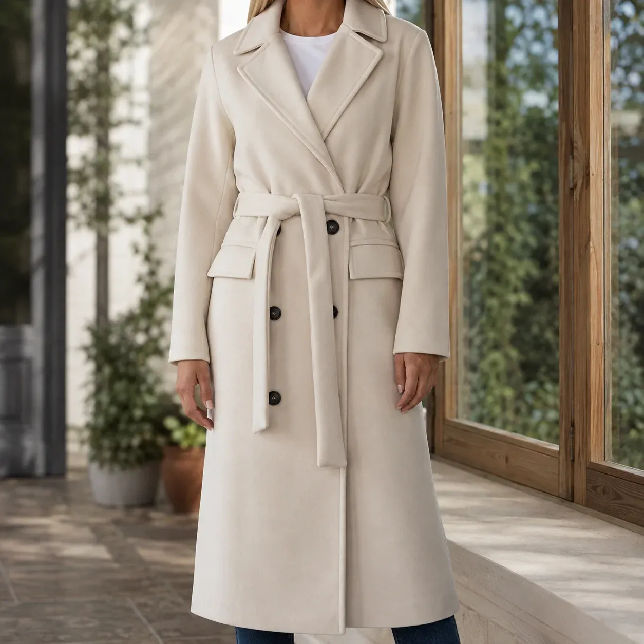 Adele Belted Overcoat — Beige worn view