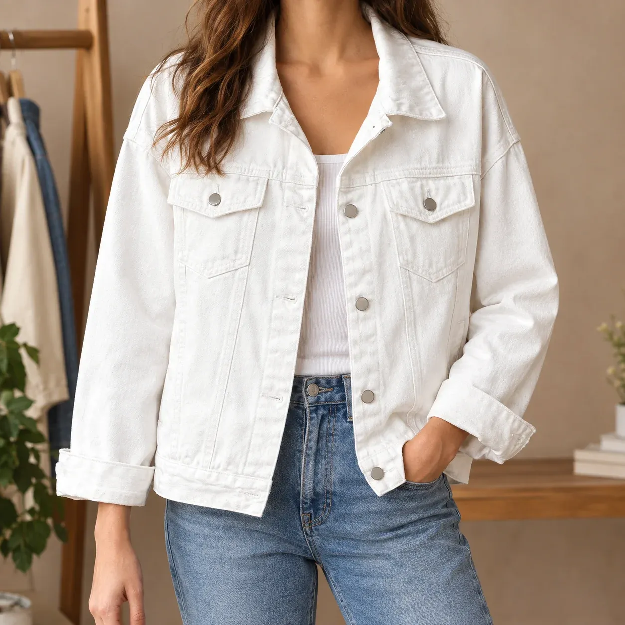 Caitlin Button Jacket — White worn view