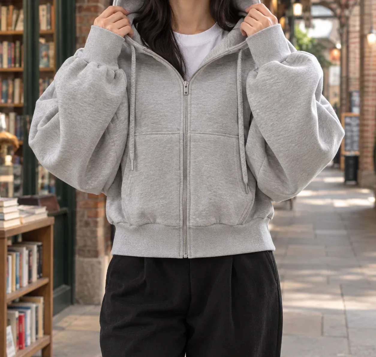 Maylis Cropped Hoodie — Light Gray worn view