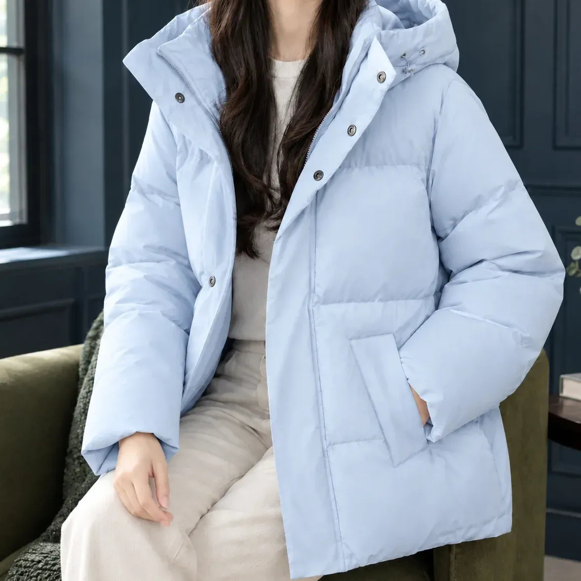 Laurel Hooded Puffer — Sky Blue cropped fit view