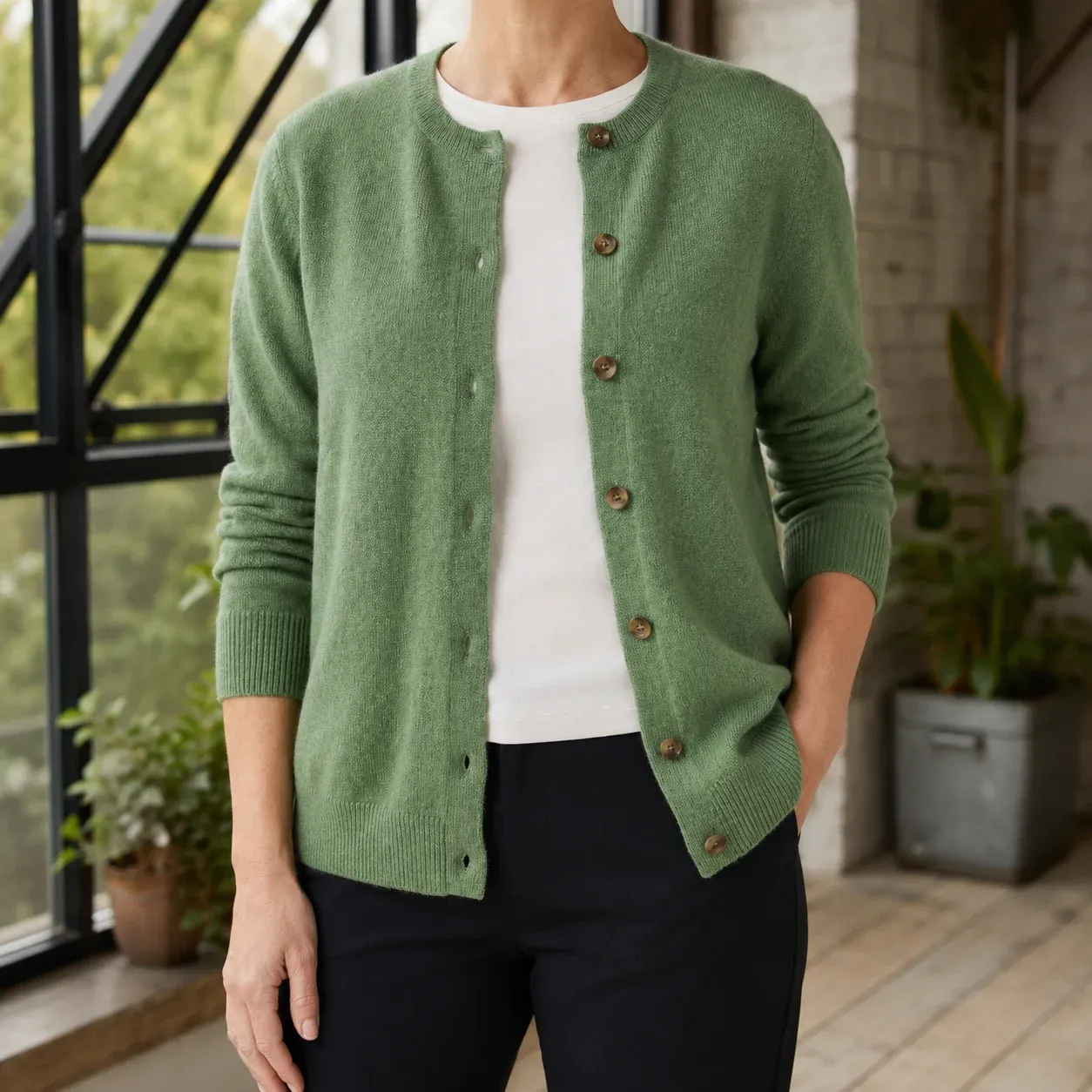 Annabel Button Cardigan — Green worn view