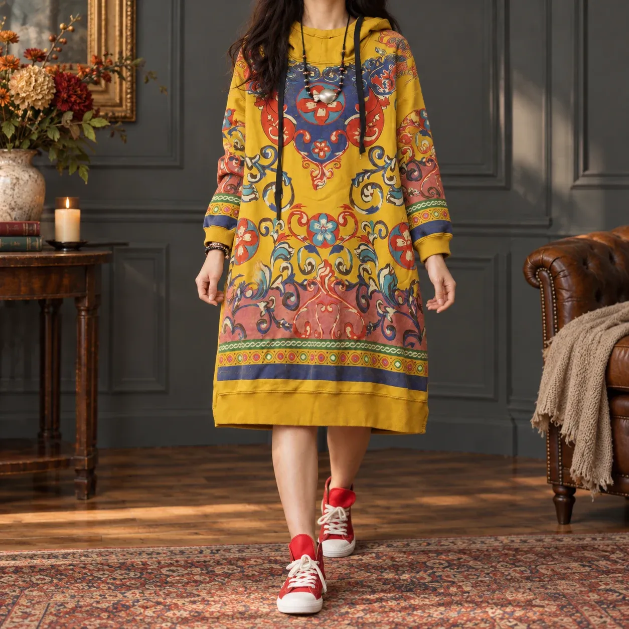 Elodie Patterned Knit Dress in use; styling props not included