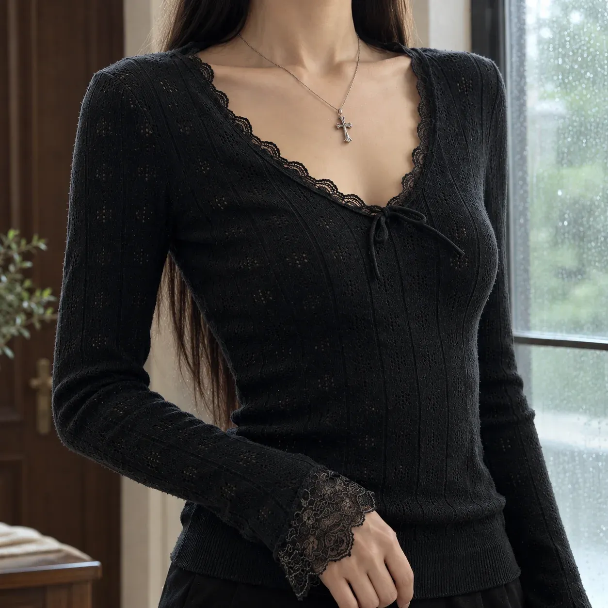 Stacey Lace Knit — Black construction detail