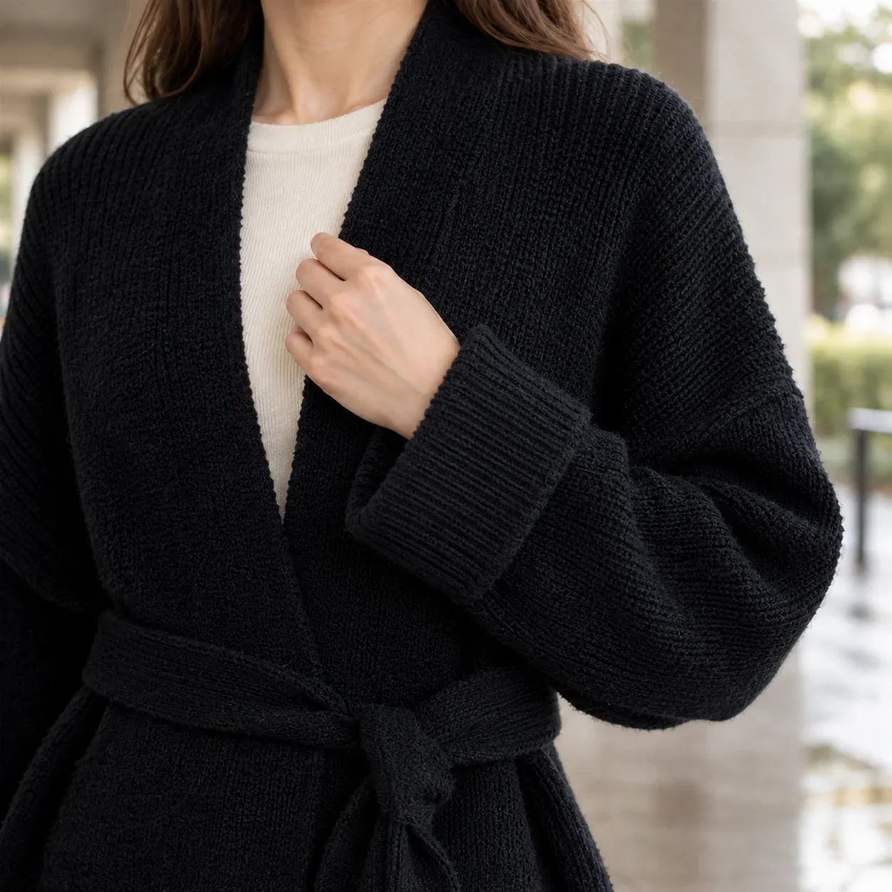 Michelle Belted Cardigan — Black construction detail