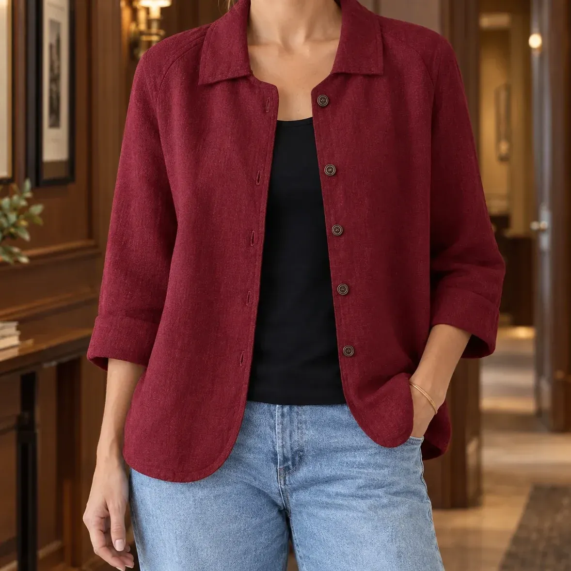 Mabel Button Jacket — Red cropped fit view