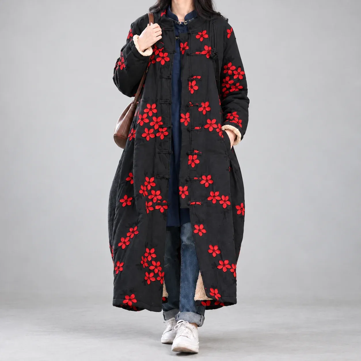 Faye Floral Long Coat, front worn fit