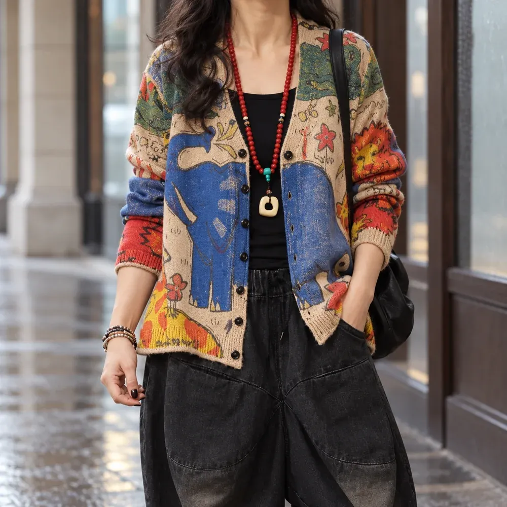 Flora Patterned Knit Cardigan — front worn view