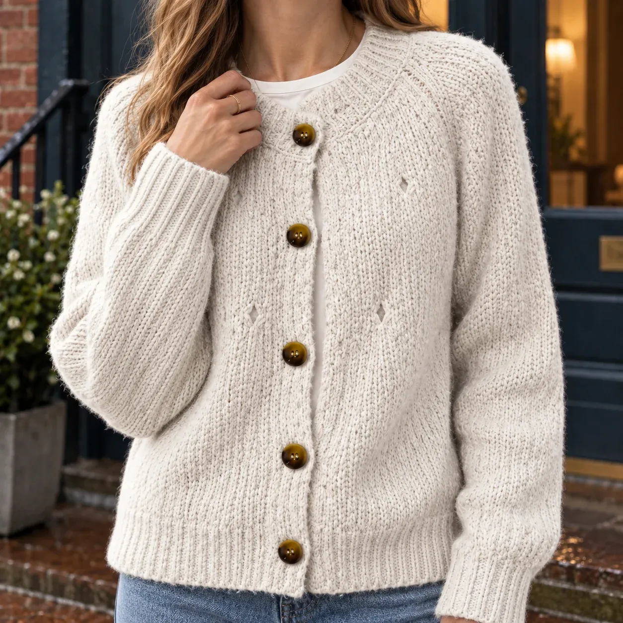 Zoe Textured Cardigan — Ivory construction detail