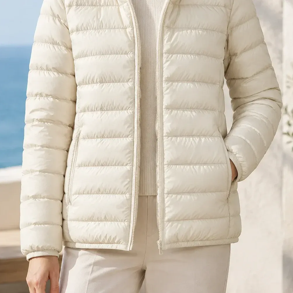 Olympia Hooded Jacket — Beige lower garment detail