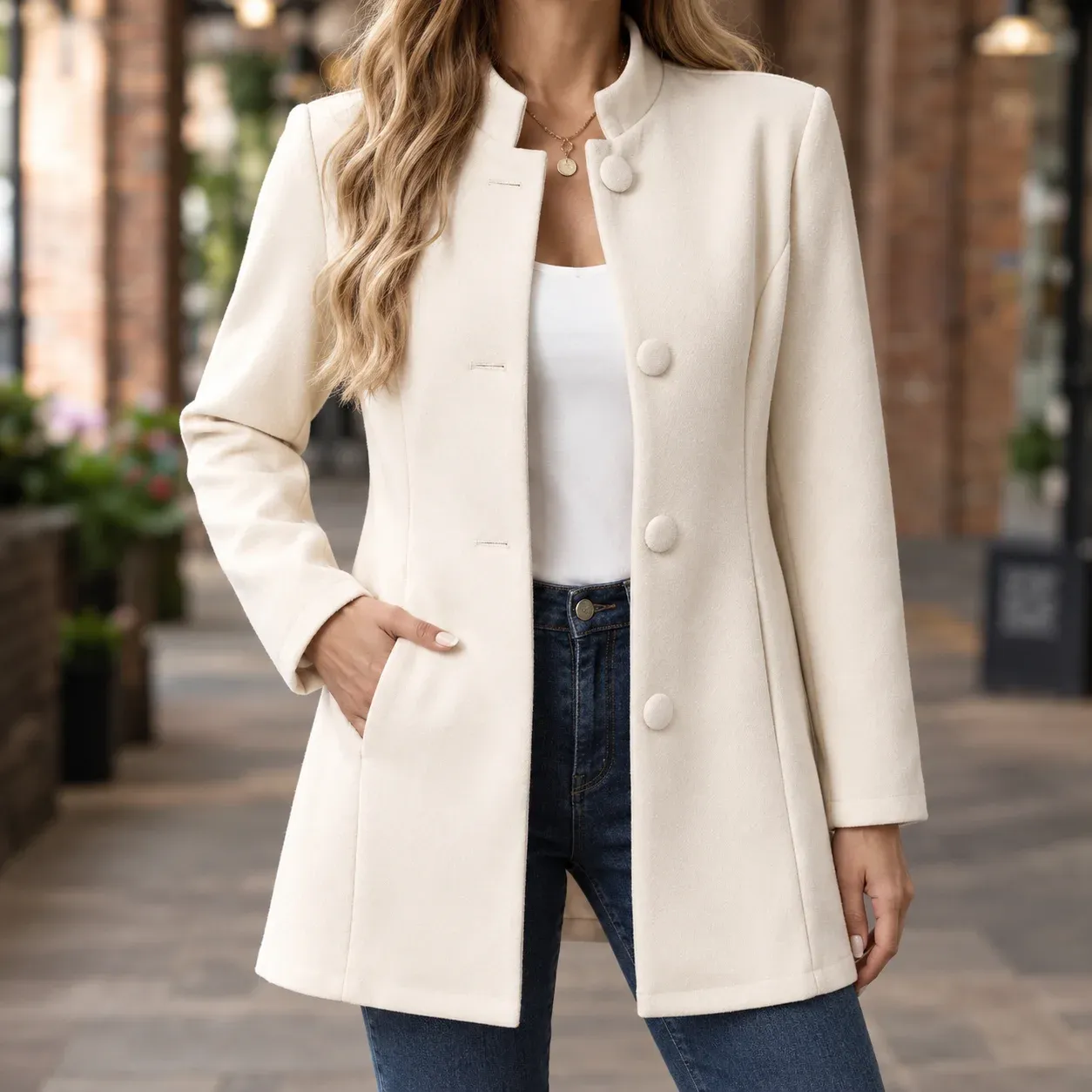 Simone Button Blazer — White worn view