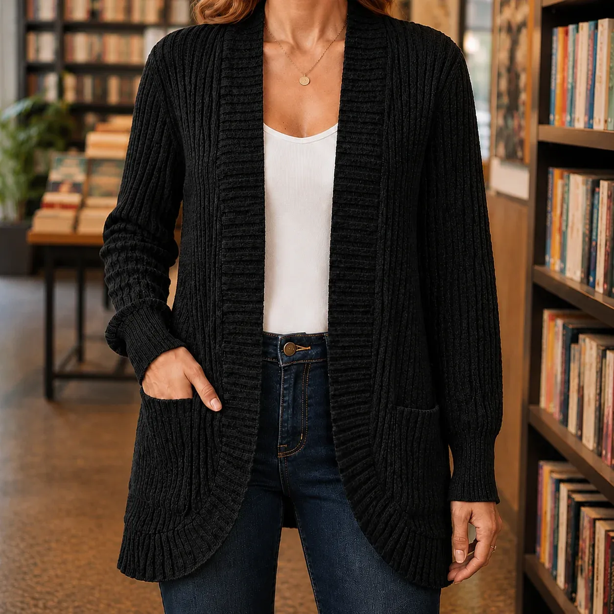 Eva Open Rib Cardigan — Black worn view